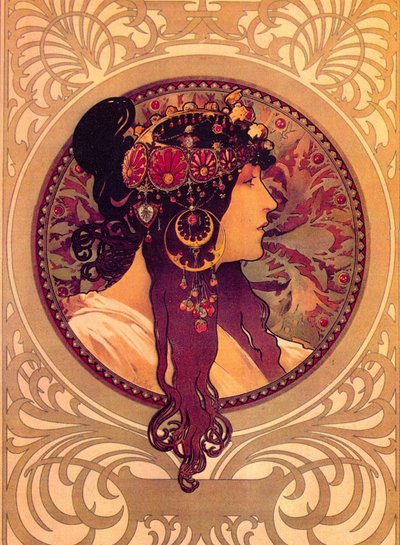 Donna con orecchini da Alphonse Mucha